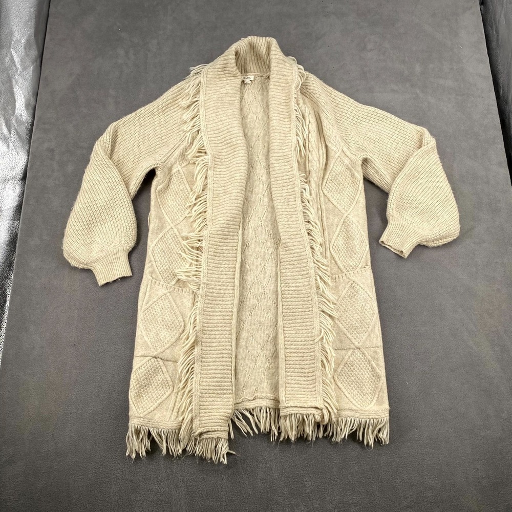 Ana A New Approach Cardigan Sweater Womens Medium Beige Cable Knit Fringe Trim